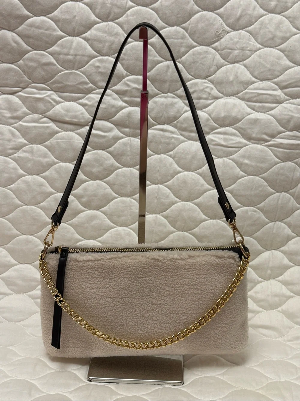 Crossi New York Faux Shearling/Sherpa Chain Slouchy Shoulder bag